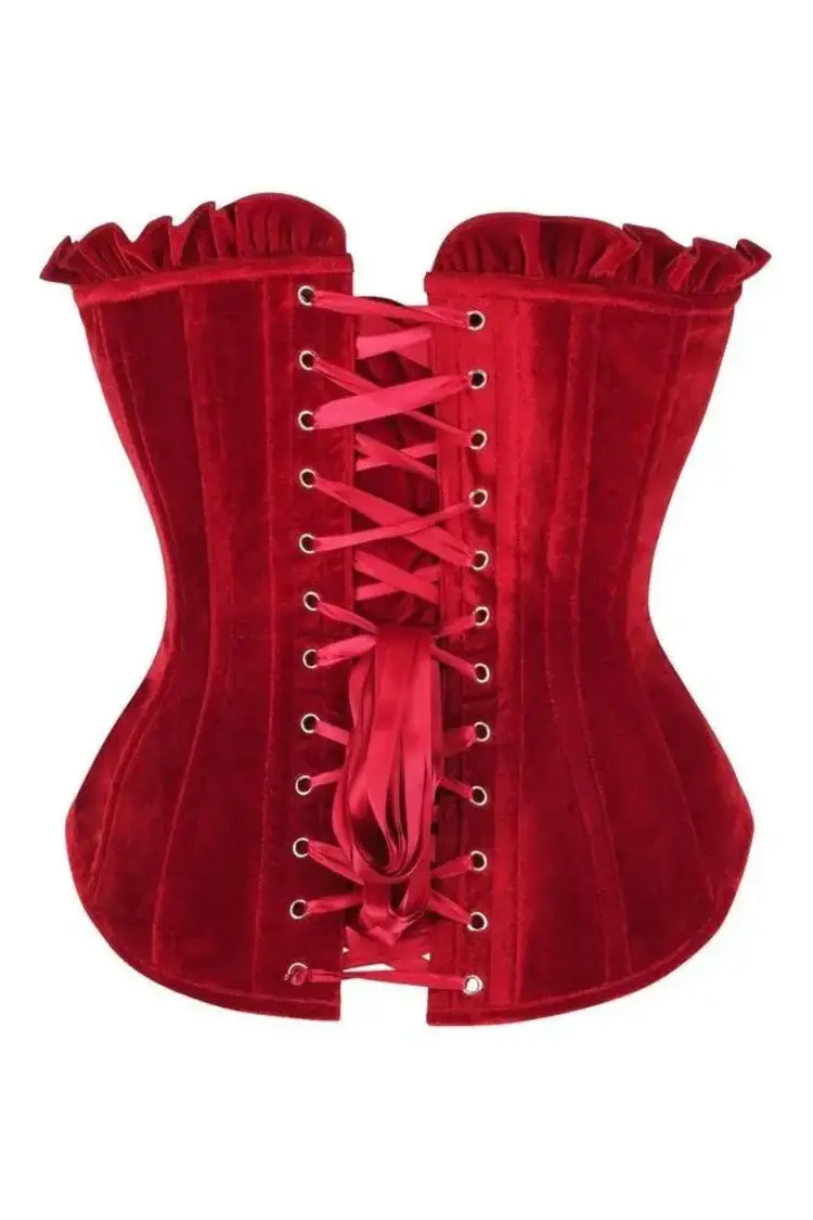 Red Velvet Lace-Up Steel Boned Overbust Corset