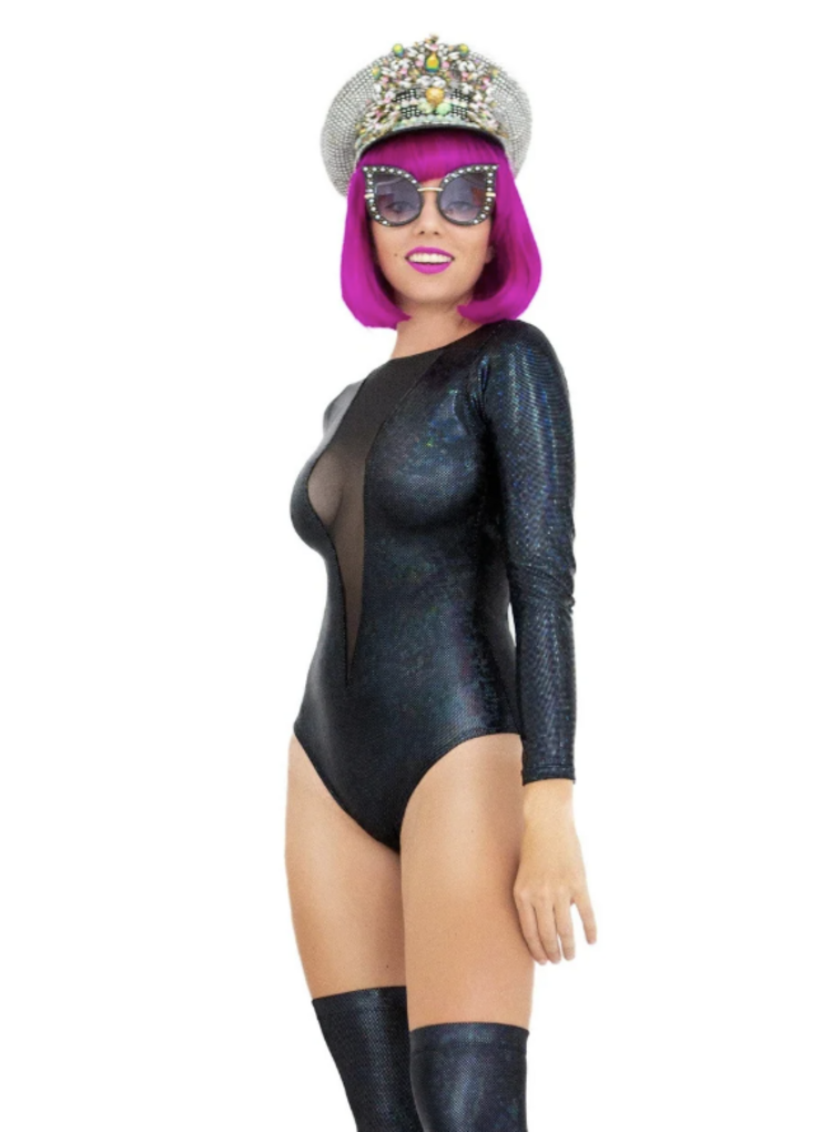 Holographic Mesh Front Long Sleeve Bodysuit Midnight Inferno