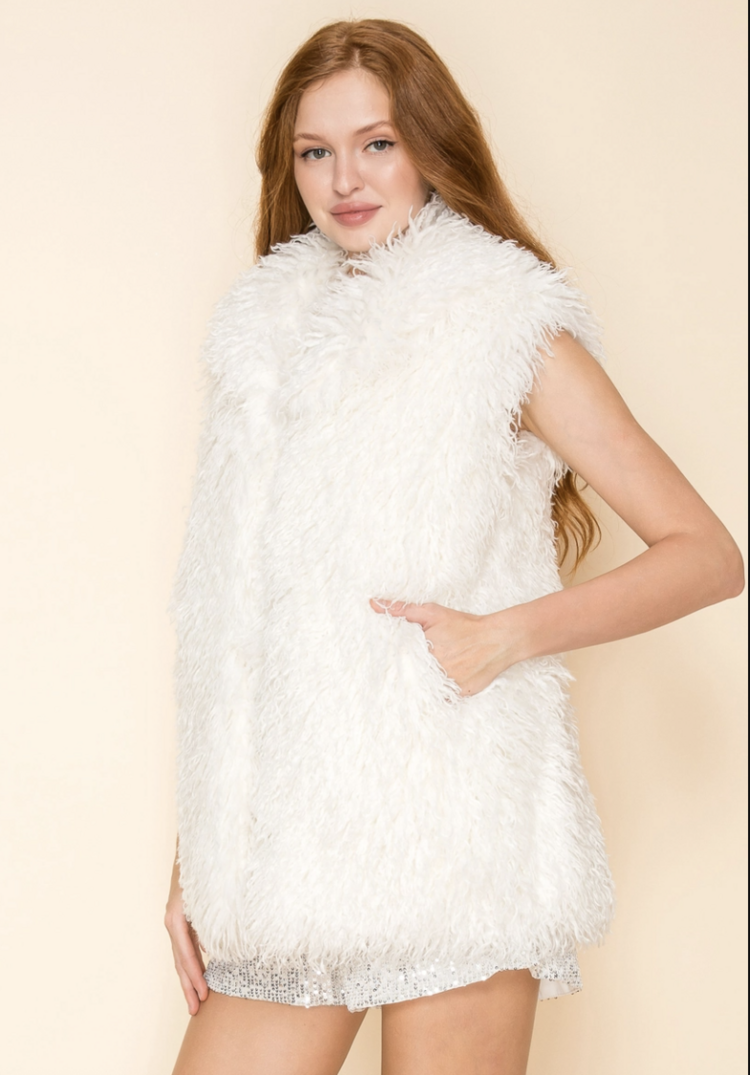 Mongolian Lamb Faux Fur Lapel Vest White