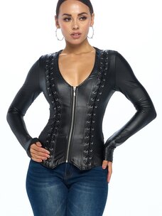Faux Leather Front Lace Up Detail Long Sleeve  Jacket Black