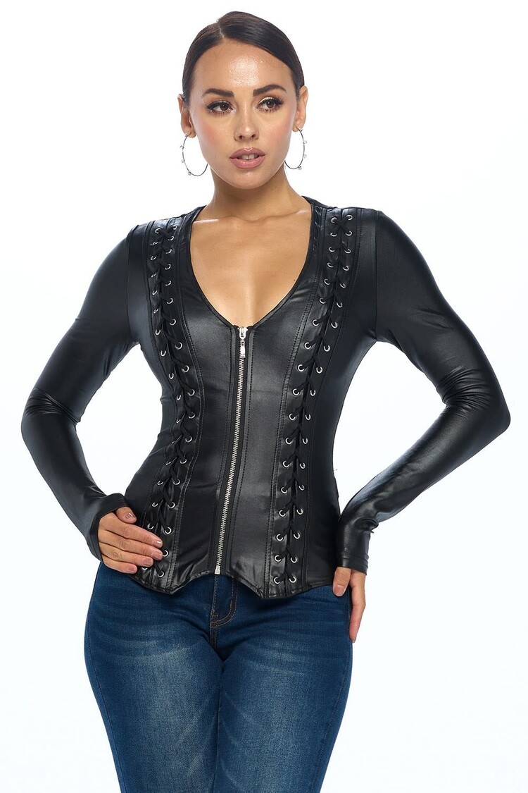 Faux Leather Front Lace Up Detail Long Sleeve  Jacket Black