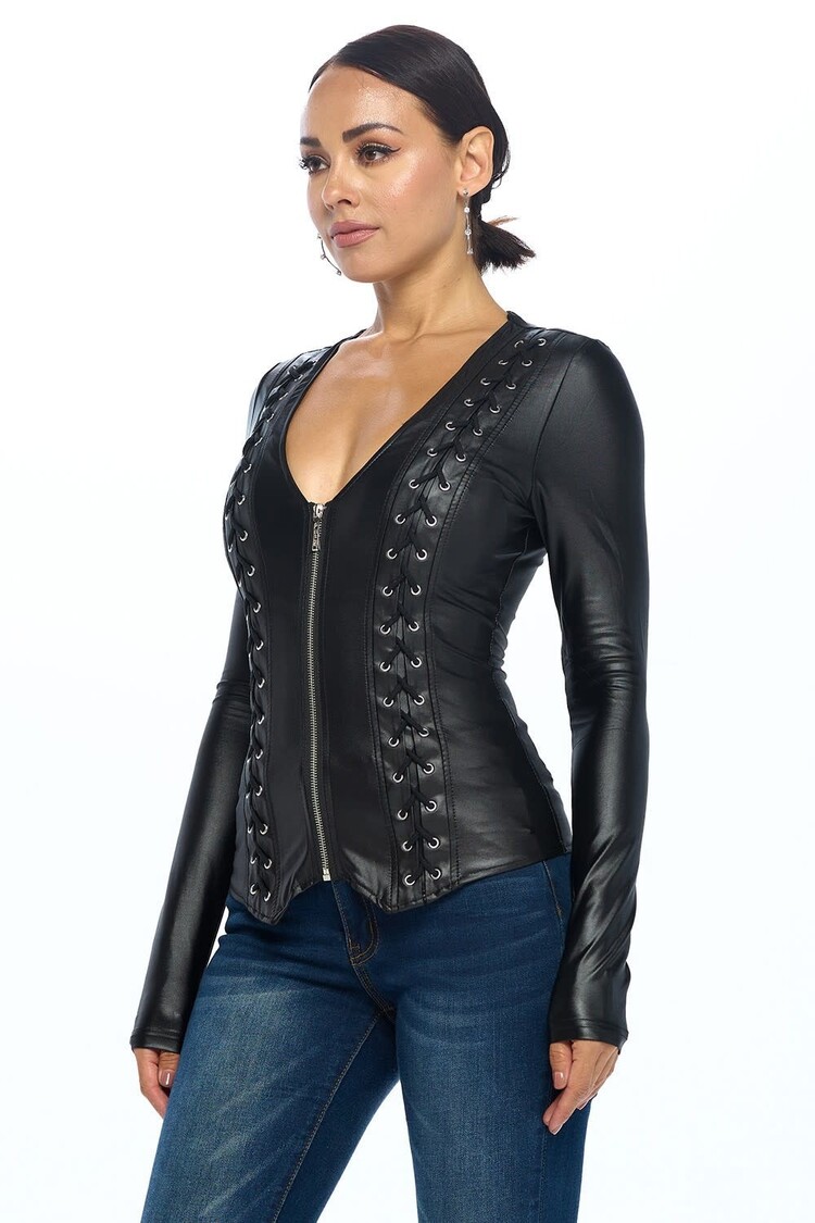 Faux Leather Front Lace Up Detail Long Sleeve  Jacket Black