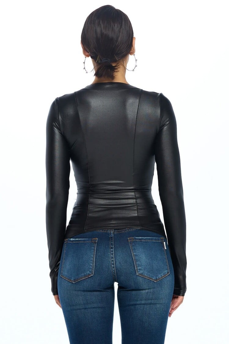 Faux Leather Front Lace Up Detail Long Sleeve  Jacket Black