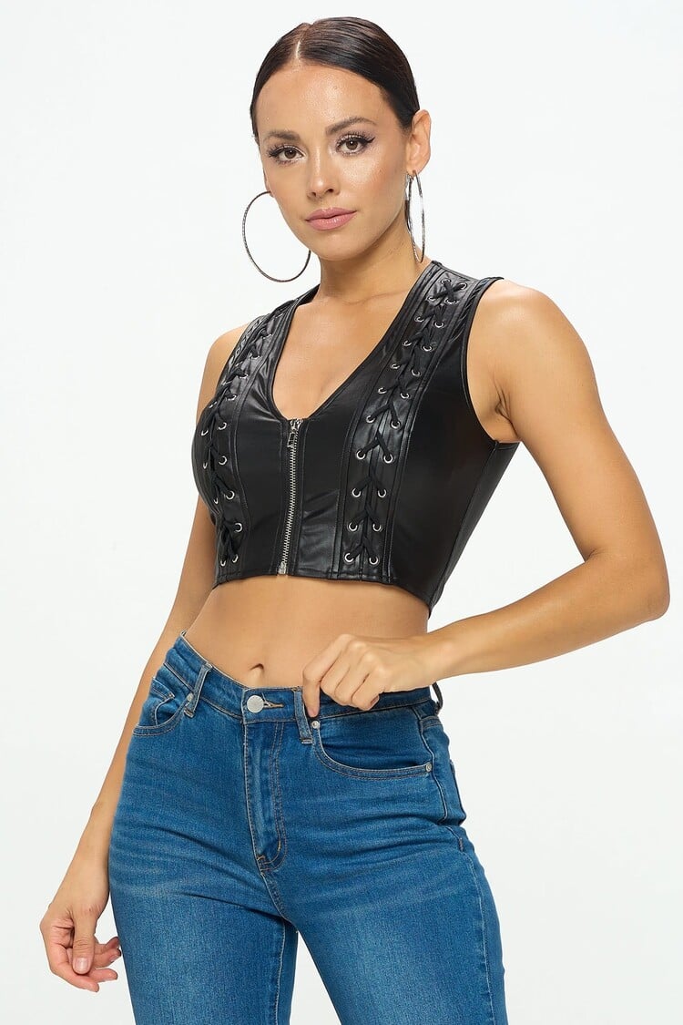 Faux  Leather Lace Up Detail Zip Up  Vest