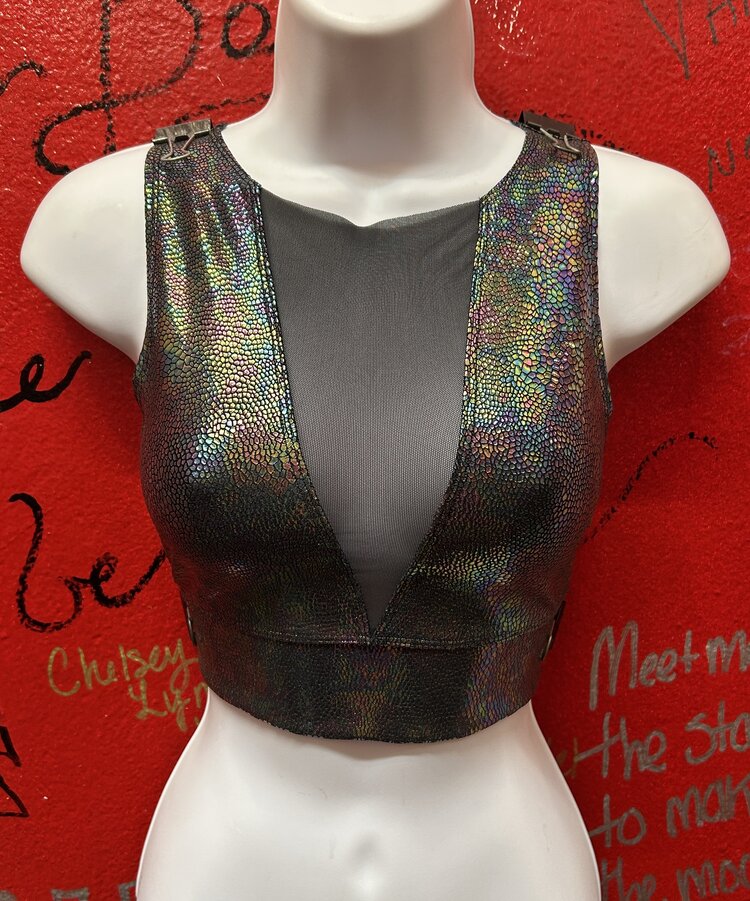 Holographic Mesh Front Crop Top Cosmic Obsidian/Black