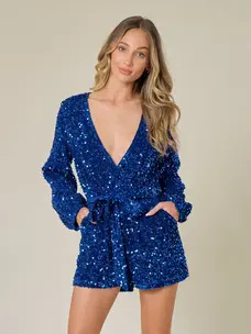 Sequin Velvet Long Sleeve Romper Royal Blue