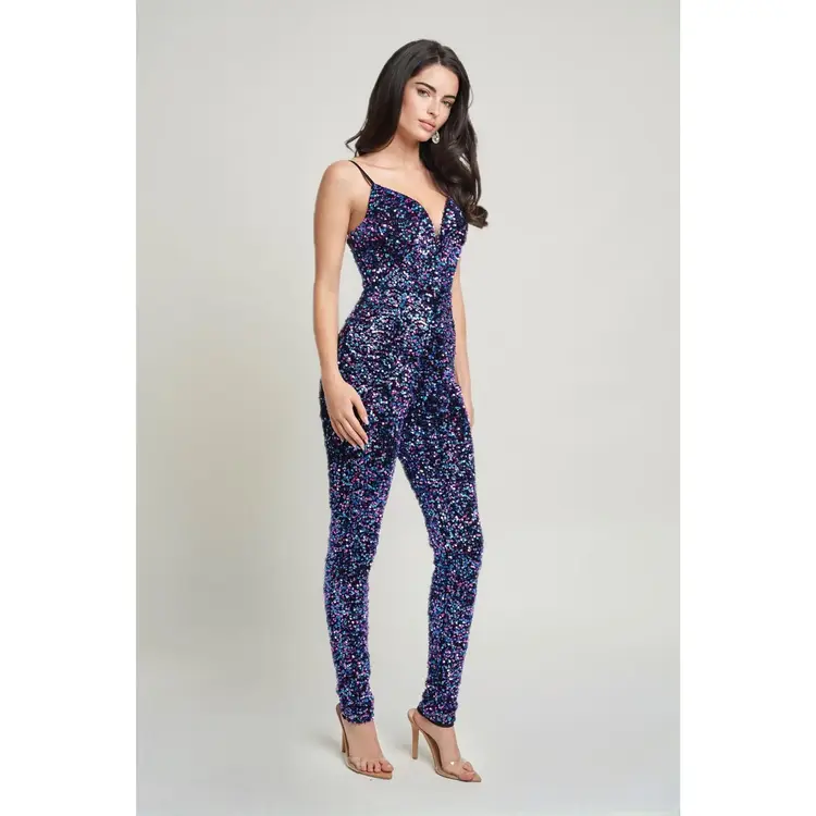Cefian Fashion Disco Velvet Sequin Jumpsuit Multi Color