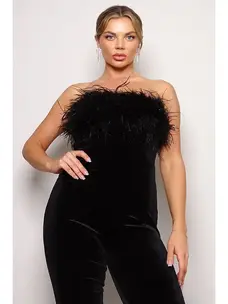 Cefian Fashion Strapless Feather Trim Velvet Jumpsuit Black