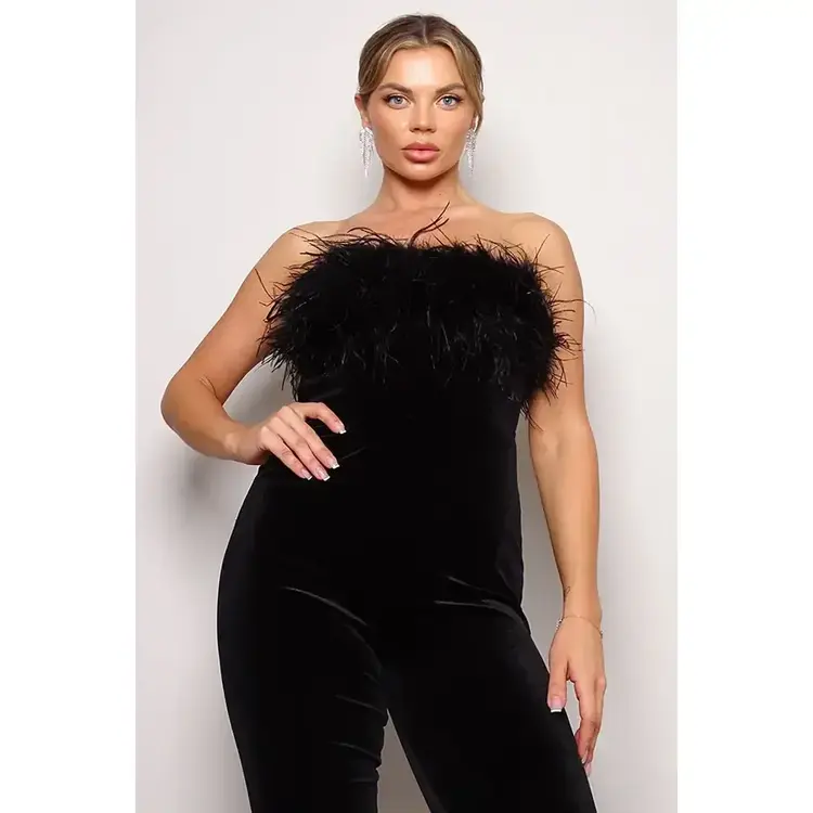 Cefian Fashion Strapless Feather Trim Velvet Jumpsuit Black
