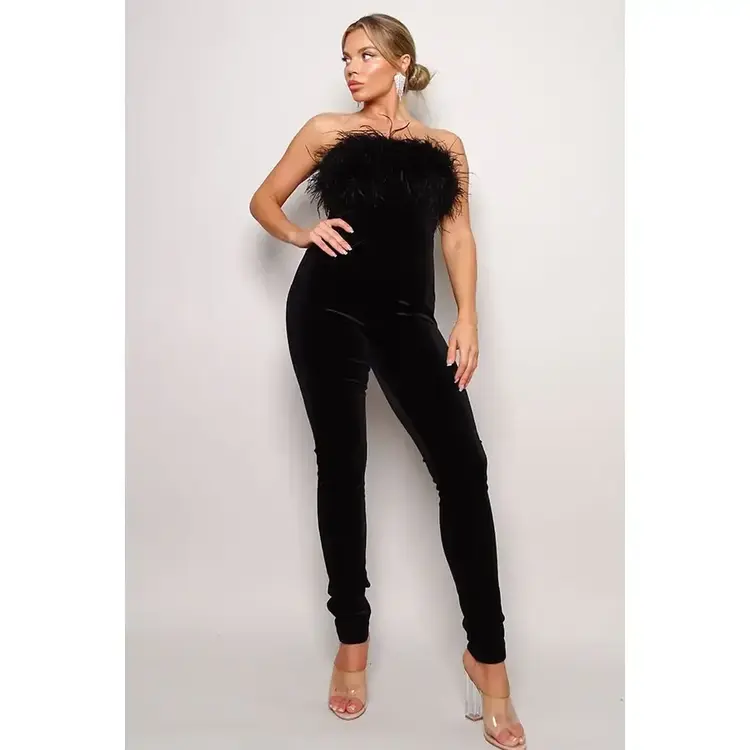 Strapless Feather Trim Velvet Jumpsuit Black