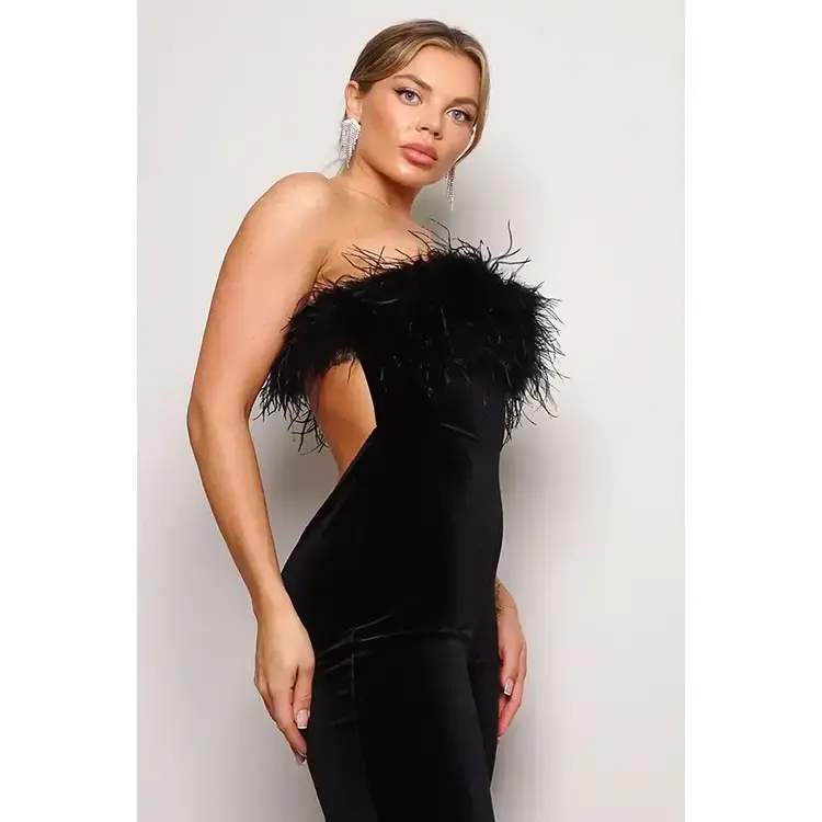 Cefian Fashion Strapless Feather Trim Velvet Jumpsuit Black