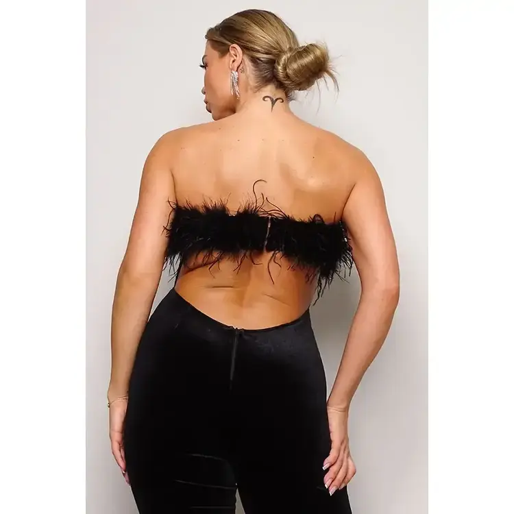 Cefian Fashion Strapless Feather Trim Velvet Jumpsuit Black