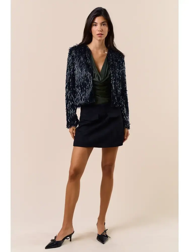 Glossy Sequin Fringe Short Jacket Black