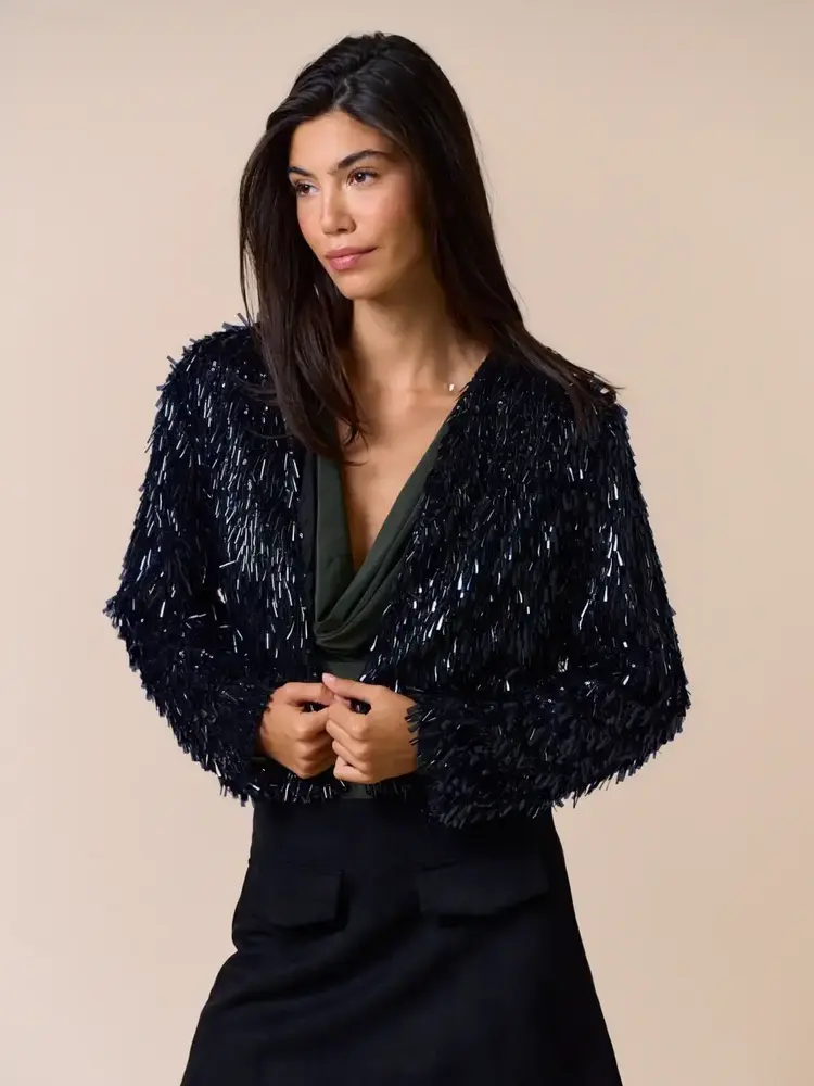 Lalavon Glossy Fringe Short Jacket Black