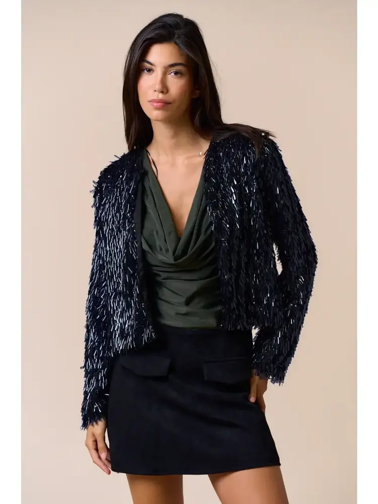 Glossy Sequin Fringe Short Jacket Black