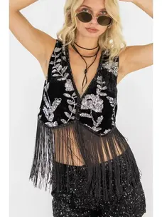 Sequin Embroidered Velvet Fringe Vest Silver on Black