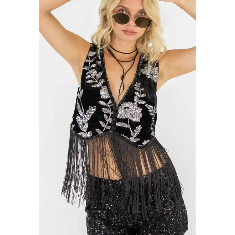 Verte Sequin Embroidered Velvet Fringe Vest Silver on Black