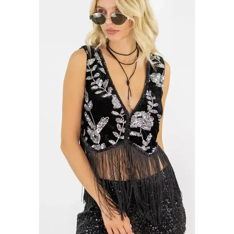 Sequin Embroidered Velvet Fringe Vest Silver on Black