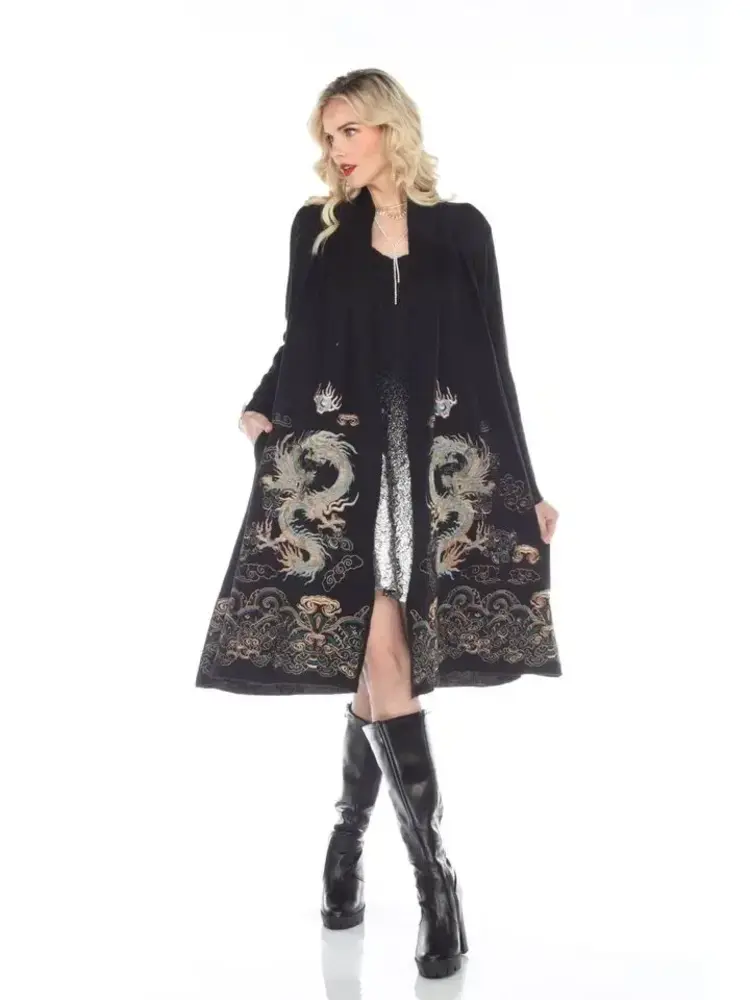 Aris A Embroidered Dragon Long  Cardigan Black