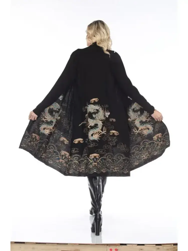 Embroidered Dragon Long  Cardigan Black