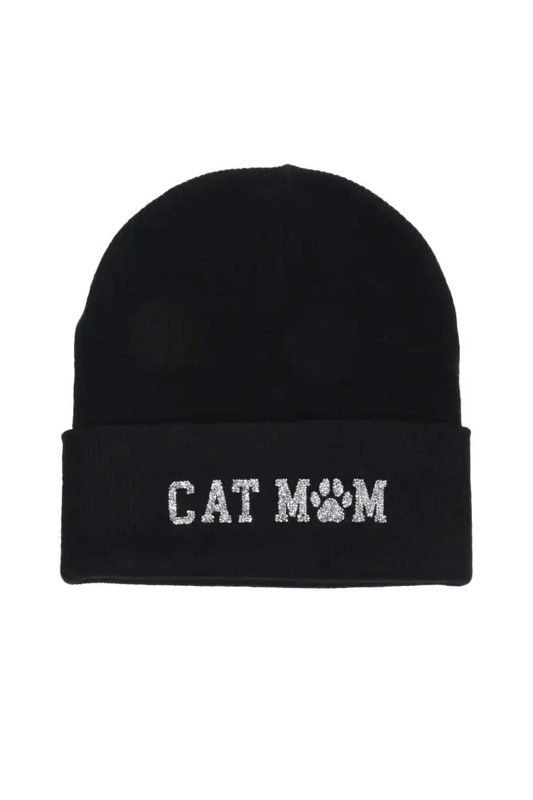 Bling Cat Mom Patch Beanie Black