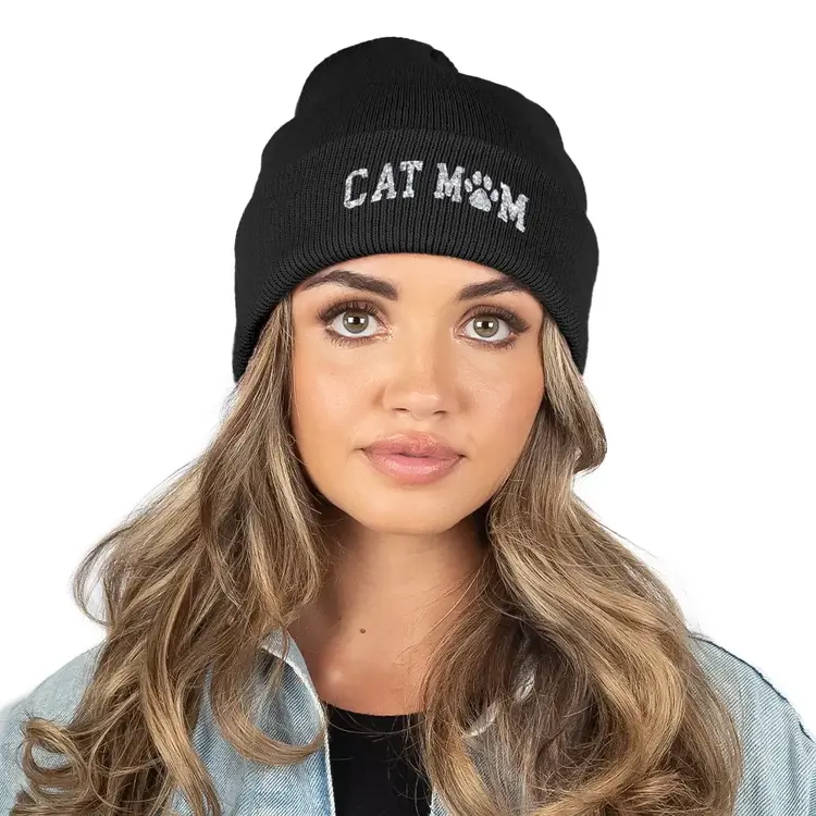Bling Cat Mom Patch Beanie Black