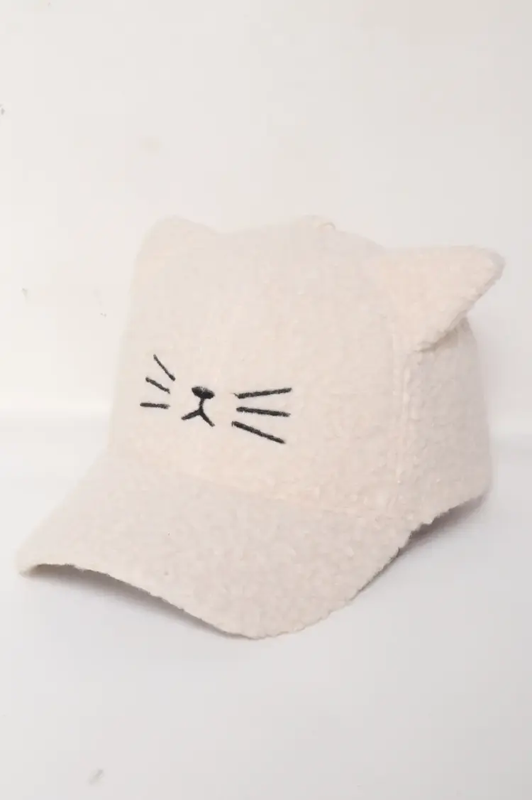 Cat Face in Sherpa Baseball Cap White