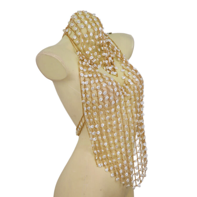 Pearl and Chain Hooded Beaded Chainmail Halter Top Body Jewelry