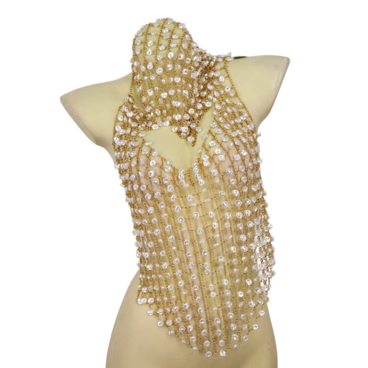 Pearl and Chain Hooded Beaded Chainmail Halter Top Body Jewelry