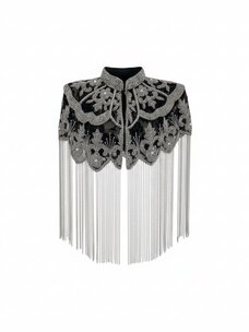 Beaded Shawl w/collar – 24″ tassel Black/Silver