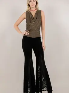 Velvet W/Lace Inset  Bell Bottom Pants Black