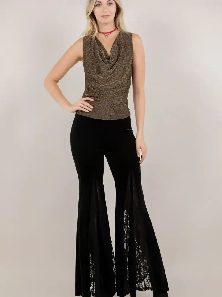 Velvet W/Lace Inset  Bell Bottom Pants Black