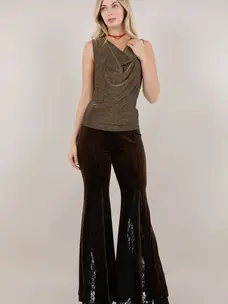 Velvet W/Lace Inset  Bell Bottom Pants Brown