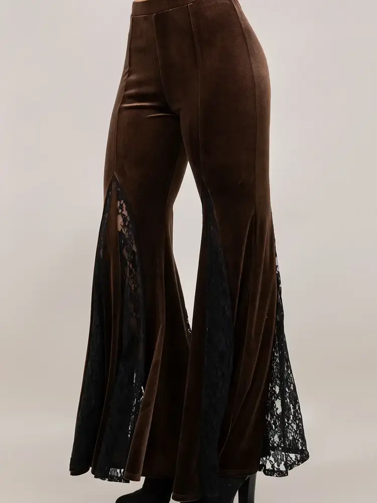 Velvet W/Lace Inset  Bell Bottom Pants Brown