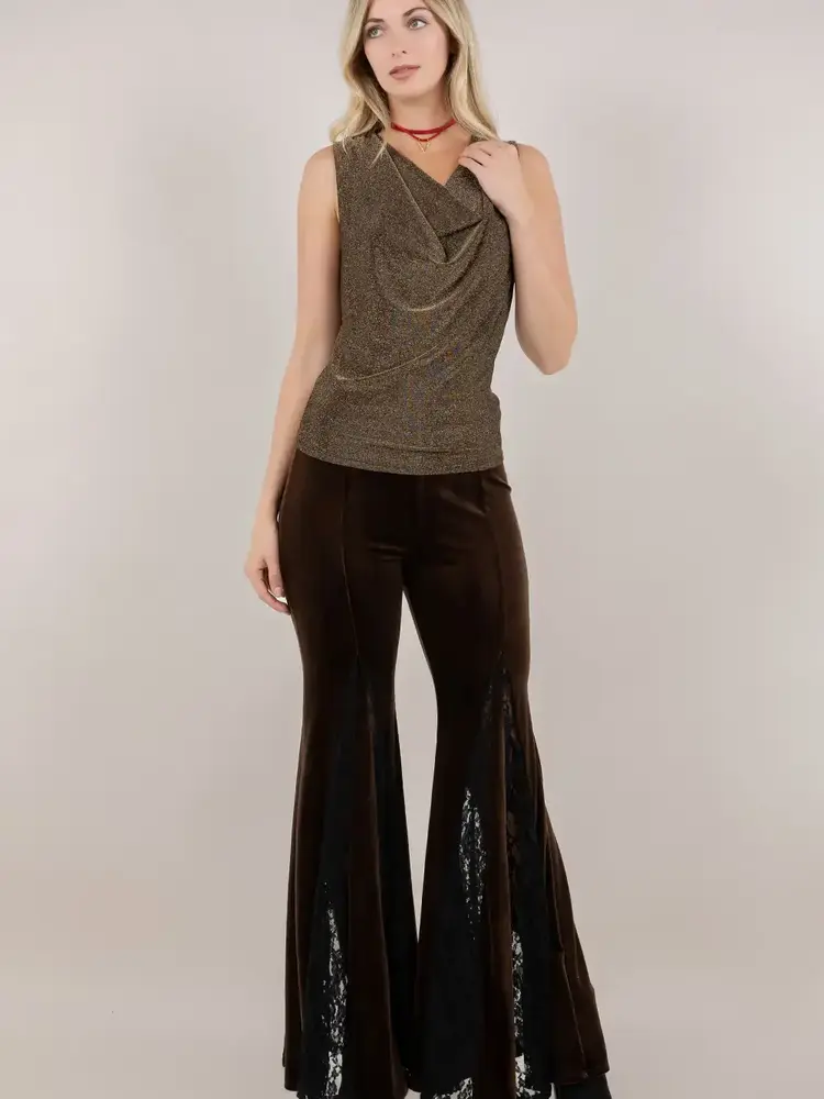 Velvet W/Lace Inset  Bell Bottom Pants Brown