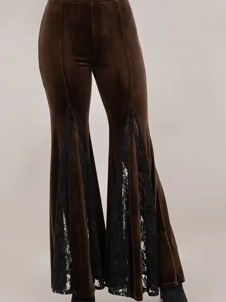 Velvet W/Lace Inset  Bell Bottom Pants Brown