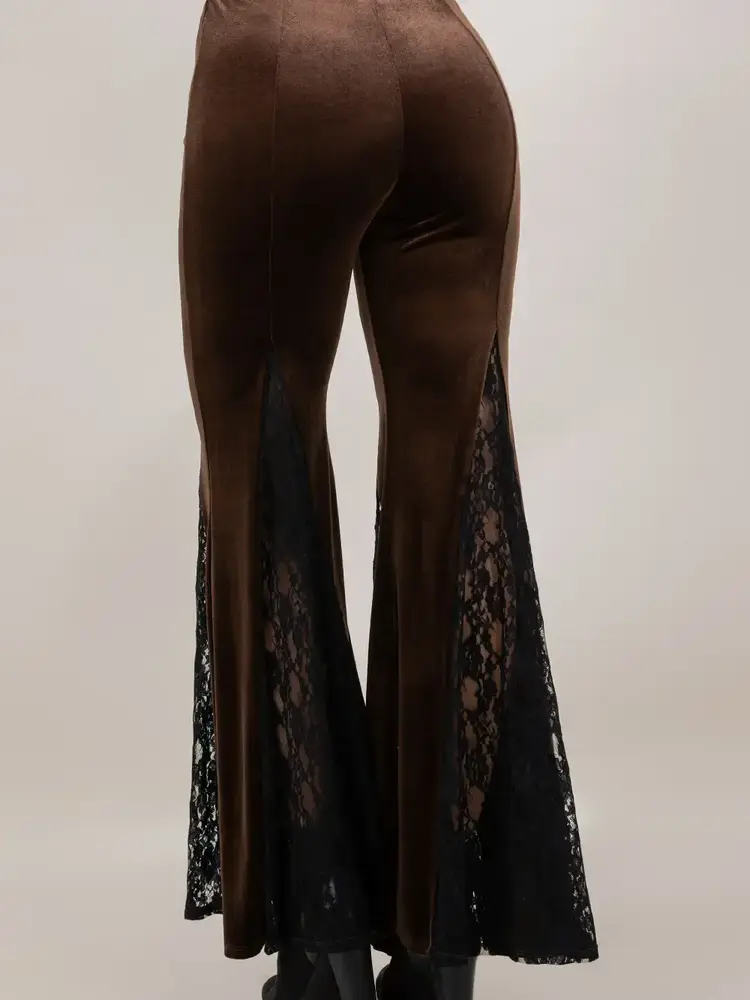 Velvet W/Lace Inset  Bell Bottom Pants Brown