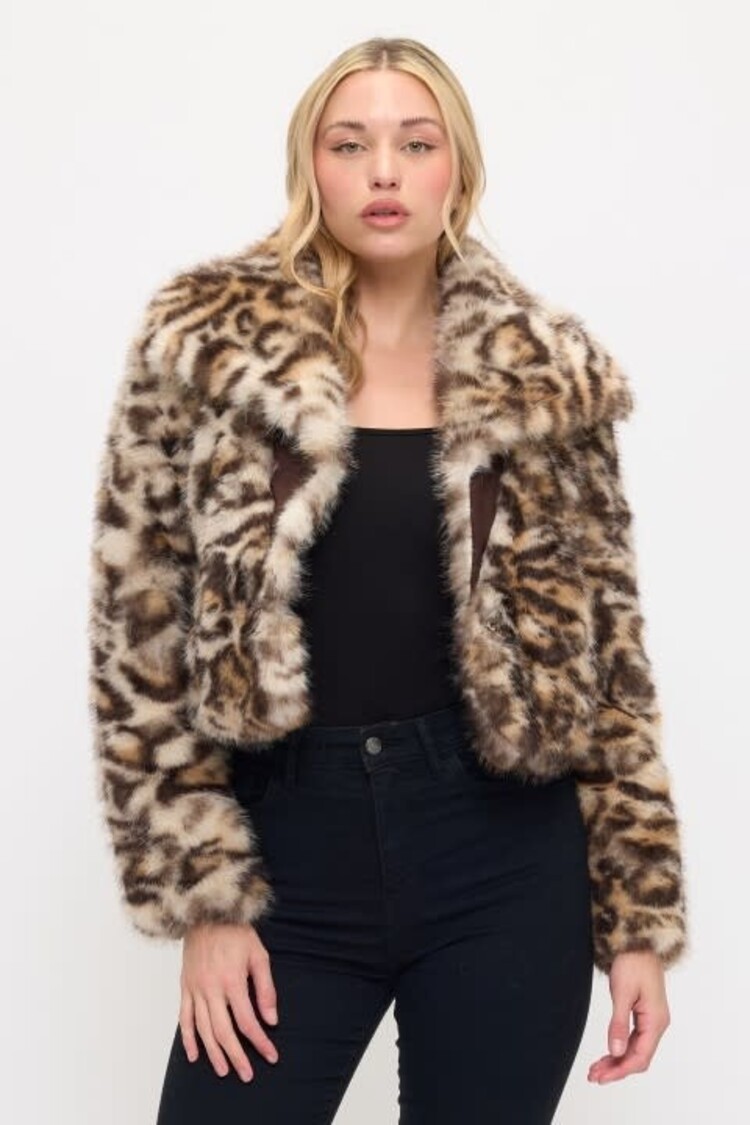 Plush Faux Fur Cropped Coat Leopard
