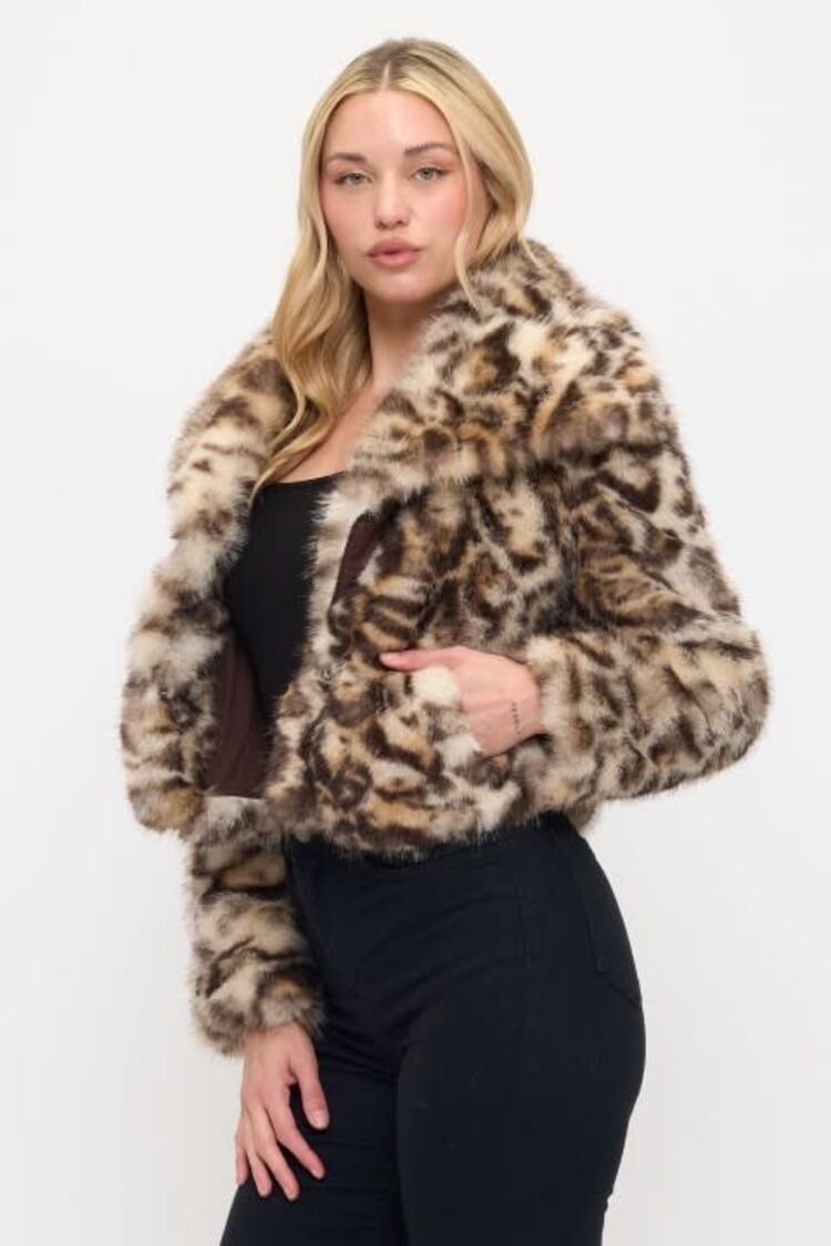 Plush Faux Fur Cropped Coat Leopard