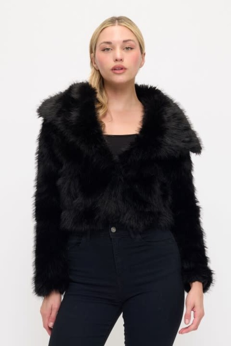 Plush Faux Fur Cropped Coat Black