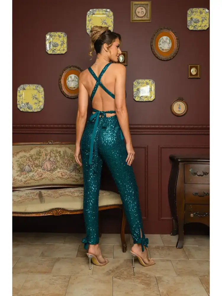 Ricarica Inc Sequin Multiway Jumpsuit with Pockets Emerald