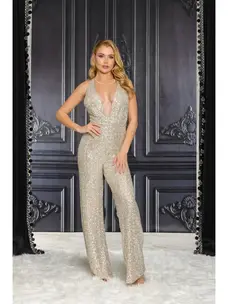 Ricarica Inc Sequin Multi Way Top Wide Leg Jumpsuit Cream