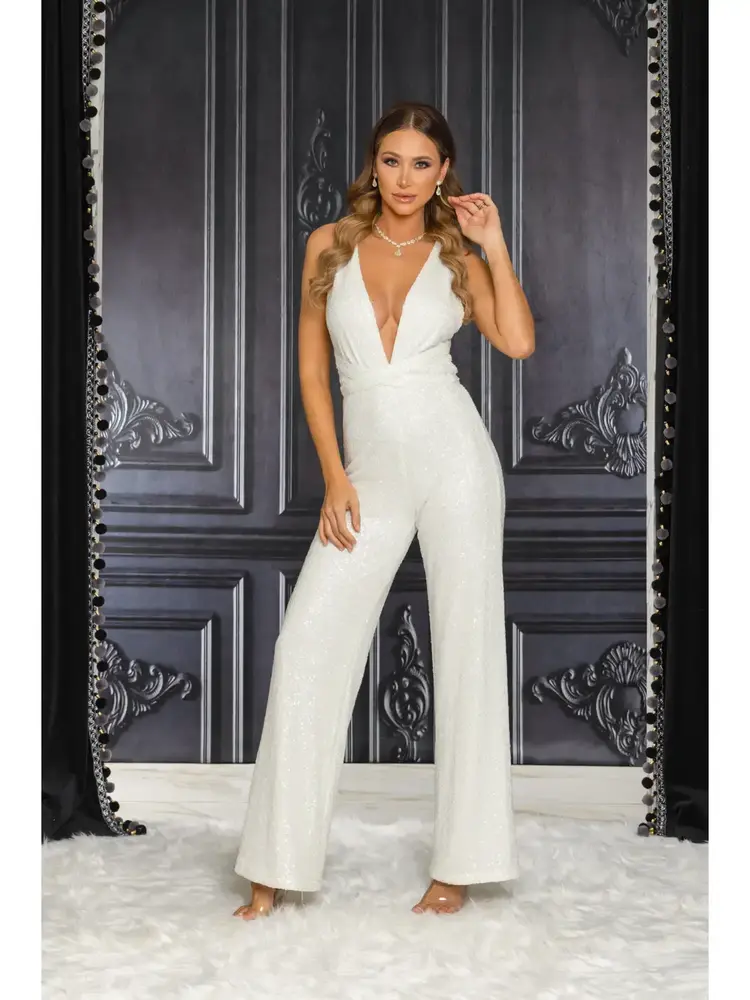 Sequin Multi Way Top Wide Leg Jumpsuit Winter White