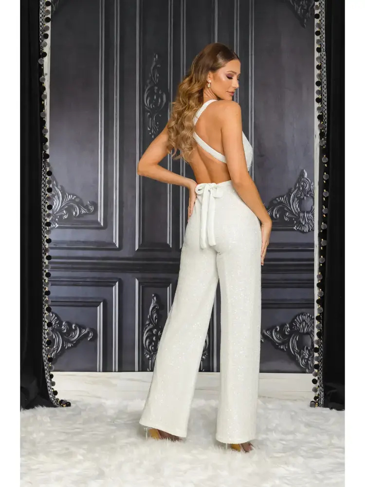Sequin Multi Way Top Wide Leg Jumpsuit Winter White