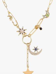 Celestial Coin Charm Necklace Lariat Moon