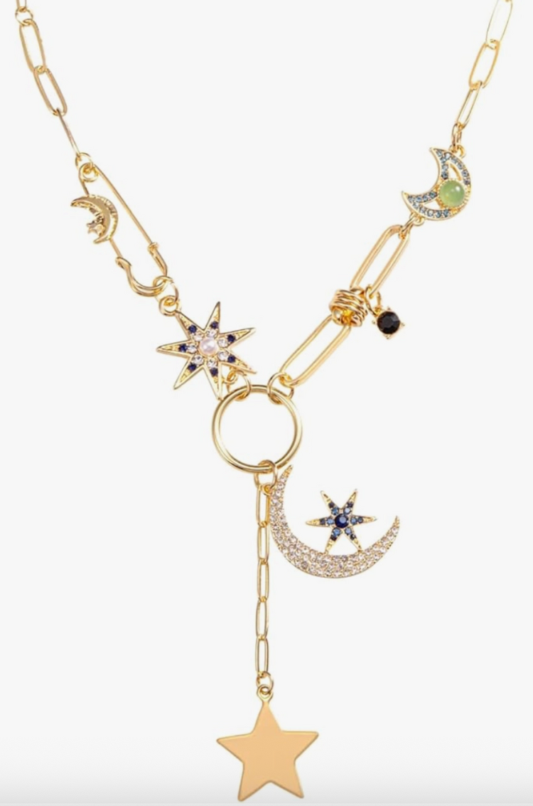 Celestial Coin Charm Necklace Lariat Moon