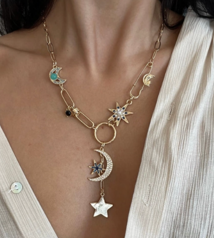 Celestial Coin Charm Necklace Lariat Moon