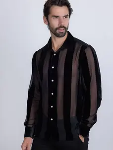 Men's See Through Velvet Long Sleeve Shirt Black