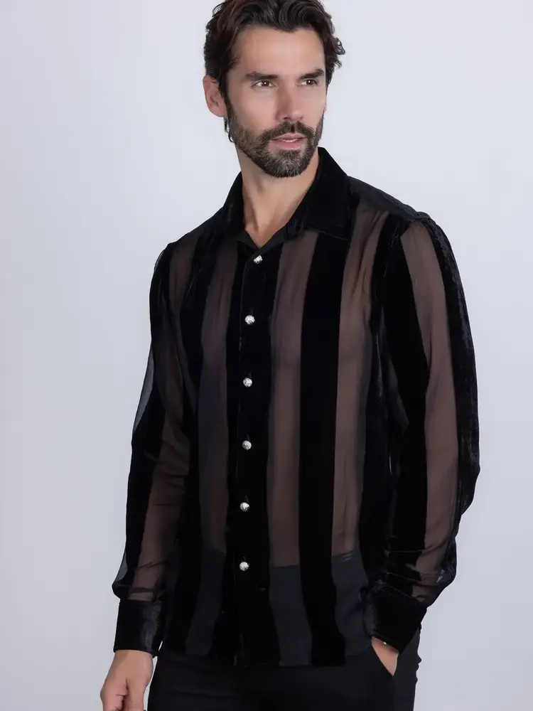 Men's See Through Velvet Long Sleeve Shirt Black