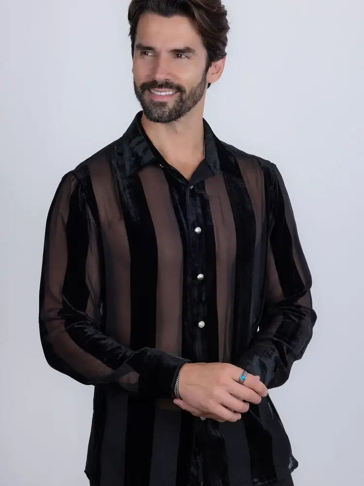 Men's See Through Velvet Long Sleeve Shirt Black
